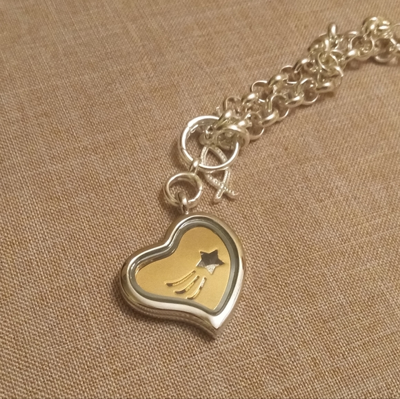 Silver Tone 12" Chain, Heart Charm Locket, Rhinestones Necklace, Believe Etched - Picture 6 of 8